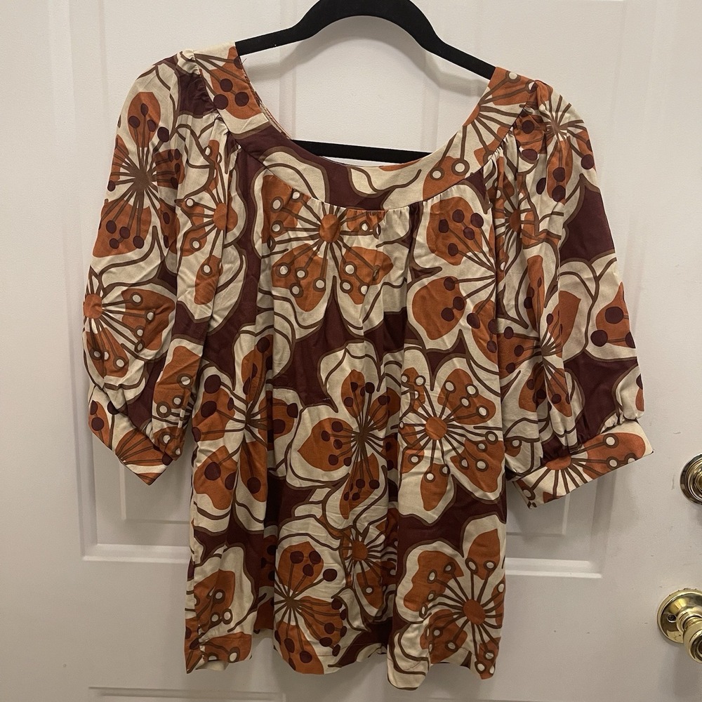 Buffalo David Bitton Brown Floral Puff Short Sleeves Top‎ Womens S Tropical Boho - Picture 2 of 8